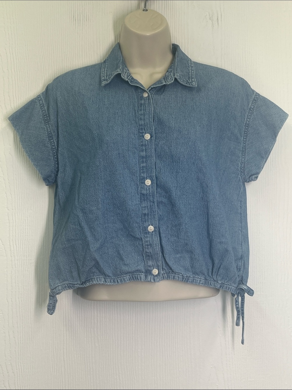 Madewell - Lightwash Button Down Cotton Side Tie Short Sleeve Blouse Size Small - Picture 2 of 9